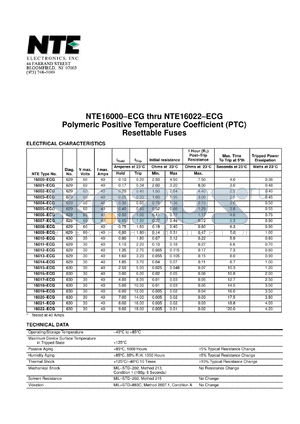 NTE16015-ECG datasheet - Polymetric positive temperature coefficient (PTC) resettable fuse.