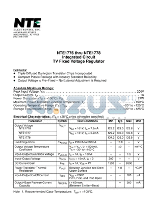 NTE1777 datasheet - Integrated circuit. TV fixed voltage regulator. Output voltage (typ) 130V.