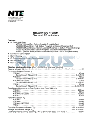 NTE3009 datasheet - Discrete LED indicator. Diffused orange, gallium arsenide phosphide on gallium phosphide orange.