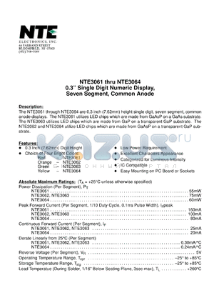 NTE3063 datasheet - Green 0.3 inch single digit numeric display, seven segment, common anode.