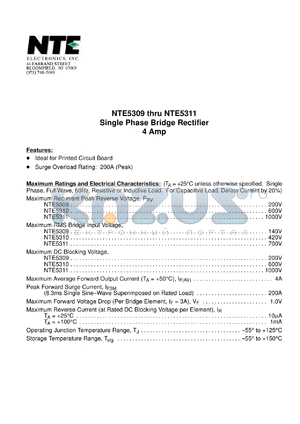 NTE5310 datasheet - Single phase bridge rectifier, 4A. Maximum recurrent peak reverse voltage Prv = 600V.