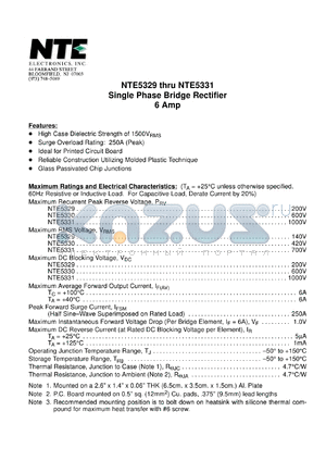 NTE5330 datasheet - Single phase bridge rectifier, 6A. Maximum recurrent peak reverse voltage, Prv = 600V.