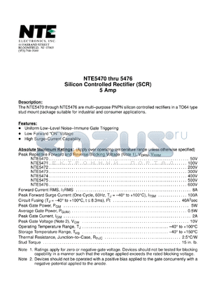 NTE5472 datasheet - Silicon controlled rectifier (SCR). Peak repetitive reverse and reverse blocking voltage Vrrm,Vdrm = 200V. Forward current RMS Itrms = 8A.