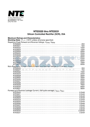 NTE5524 datasheet - Silicon controlled rectifier (SCR), 25A. Repetitive peak forward and reverse voltage Vdrm,Vrrm = 200V. RMS forard current It(rms) = 35A.