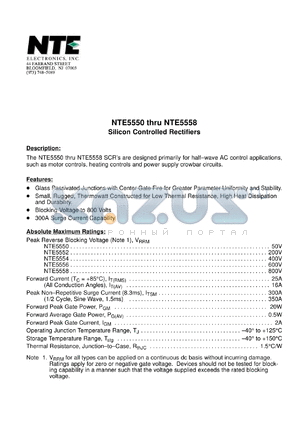 NTE5552 datasheet - Silicon controlled rectifier. Peak reverse blocking voltage Vrrm = 200V. Forward current 25A.