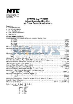 NTE5582 datasheet - Silicon controlled rectiifier for phase control applications. Repetitive peak off-state and reverse voltage Vdrm,Vrrm = 600V. Max RMS on-state current It(rms) = 235A.