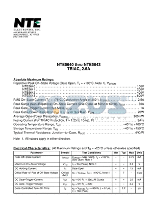 NTE5641 datasheet - TRIAC, 2.5A. Repetitive peak off-state voltage Vdrm = 200V. RMS on-state current 2.5A.