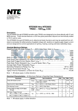 NTE5651 datasheet - TRIAC, 2.5A. Repetitive peak off-state voltage Vdrm = 200V. RMS on-state current 3A.