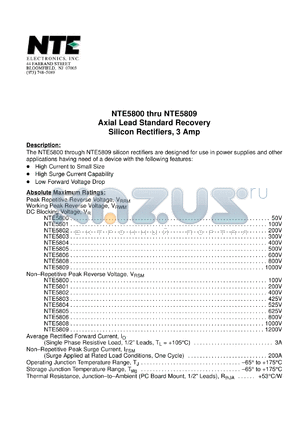 NTE5803 datasheet - Axial lead standard recovery. Silicon rectifier, 3 amp. Peak repetitive reverse voltage, working peak reverse voltage, DS blocking voltage  300V. Non-repetitive peak reverse voltage 425V