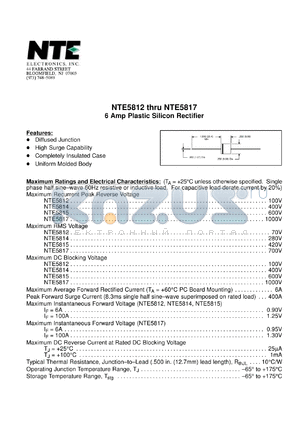 NTE5815 datasheet - 6 Amp. Plastic silicon rectifier. Max recurrent peak reverse voltage 600V. Max RMS voltage 420V. Max average forward rectified current 6A.