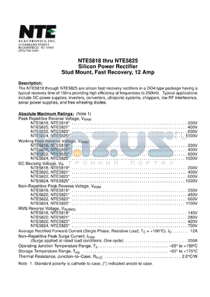 NTE5819 datasheet - Silicon power rectifier. Stud mount, fast recovery, 12 Amp. Peak repetitive reverse voltage 200V. Non-repetitive peak reverse voltage 250V.