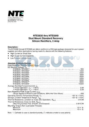 NTE5832 datasheet - Stud mount standart recovery. Silicon rectifier, 3 Amp. Peak repetitive reverse voltage, DC blocking  voltage 100V.