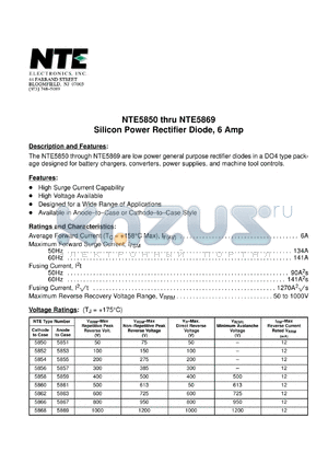 NTE5852 datasheet - Silicon power rectifier diode. Cathode to case. Max repetitive peak reverse voltage 100V. Average forward current 6A.