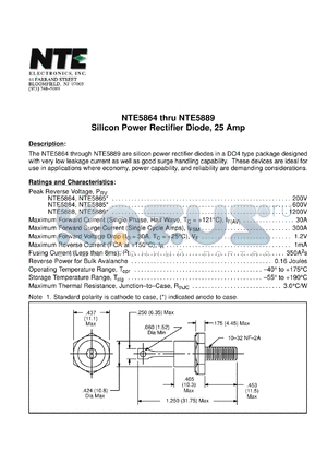 NTE5888 datasheet - Silicon power rectifier diode. Cathode to case. Peak reverse voltage 1200V. Max forward current 30A.