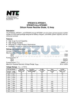 NTE5876 datasheet - Silicon power rectifier diode. Cathode to case. Max repetitive peak reverse voltage 300V. Average forward current 12A.