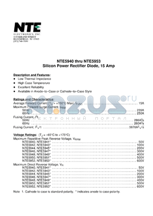 NTE5950 datasheet - Silicon power rectifier diode. Cathode to case. Max repetitive peak reverse voltage 500V. Average forward current 15A.