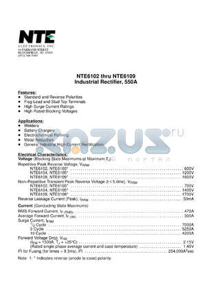 NTE6105 datasheet - Industrial rectifier, 550A. Anode to case. Repetitive peak reverse voltae 1200V.