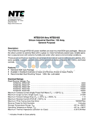 NTE6156 datasheet - Silicon industrial rectifier, 150 Amp, general purpose. Cathode to case. Peak revrese voltage 600V.