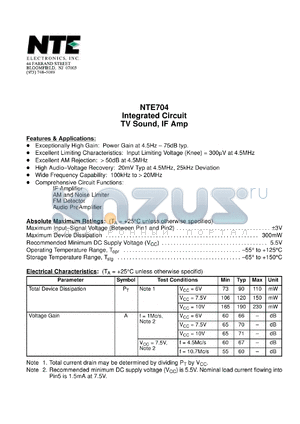 NTE704 datasheet - Integrated circuit. TV sound, IF amp.