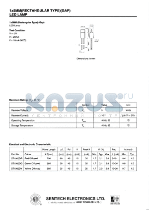 ST1002DR datasheet - Red diffused, 1x5 mm LED lamp