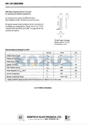 HN/2N3905 datasheet - 40 V, PNP silicon expitaxial planar transistor