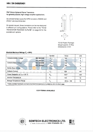 HN/2N5400 datasheet - 120 V, PNP silicon expitaxial planar transistor
