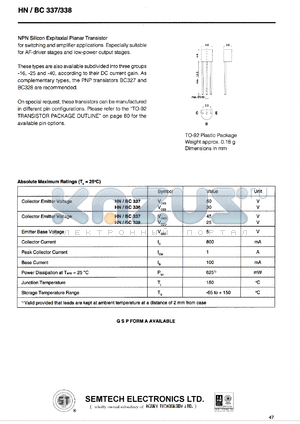 HN/BC338 datasheet - 30 V, NPN silicon expitaxial planar transistor