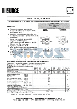 GBPC15W-01 datasheet - 100 V, 15.0 A  glass passivated single phase bridge rectifier