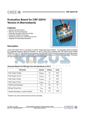 CRF-22010-TB datasheet - 50VDC ;66W; evaluation board for CRF-22010 version A (narrowband)