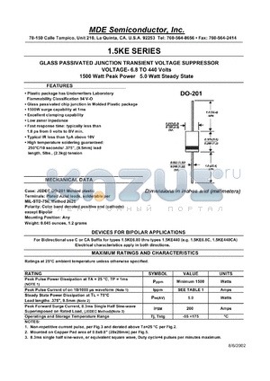 1.5KE6.8.0A datasheet - 5.80V; 10mA ;1500W peak pulse power; glass passivated junction transient voltage suppressor