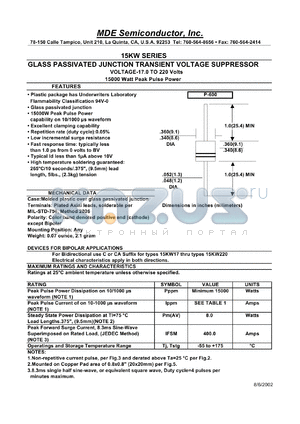 15KW26 datasheet - 26.0V; 5mA ;15000W peak pulse power; glass passivated junction transient voltage suppressor