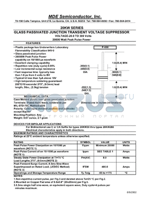 20KW24 datasheet - 24.00V; 50mA ;15000W peak pulse power; glass passivated junction transient voltage suppressor