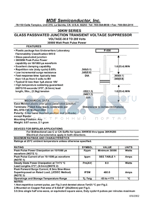 30KW36 datasheet - 36.00V; 50mA ;15000W peak pulse power; glass passivated junction transient voltage suppressor. For bipolar applications