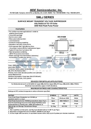 SMLJ8.0 datasheet - 8.00V; 1mA; 3000W peak pulse power; surface mount transient transient voltage suppressor. For bipolar applications