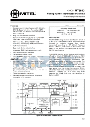 MH8843AE datasheet - Calling number identification circuit. For feature phone, phone set adjunct boxes, FAX machines, telephone answering machines, database query systems