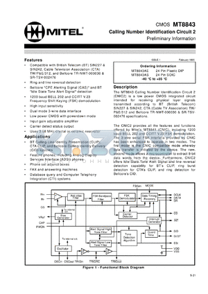 MH8843AS datasheet - Calling number identification circuit. For feature phone, phone set adjunct boxes, FAX machines, telephone answering machines, database query systems