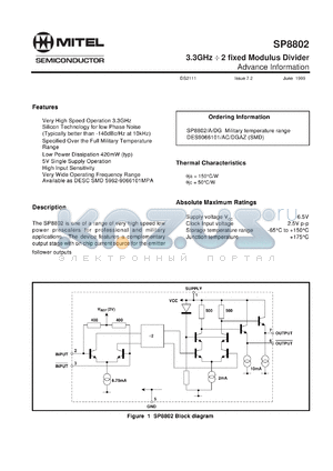 SP8802DG datasheet - 6.5V; 420mW; 3.3GHz + 2fixed modulus divider