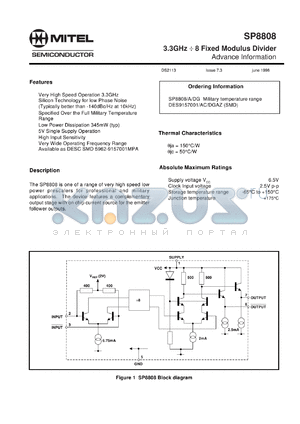 SP8808DG datasheet - 6.5V; 345mW; 3.3GHz + 8fixed modulus divider