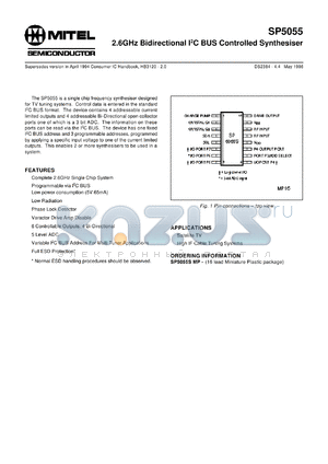 SP5055SSMP datasheet - 5V; 65mA; 2.6GHz bidirectional I2C BUS controlled synthesiser. For satellite TV, high IF cable tuning systems