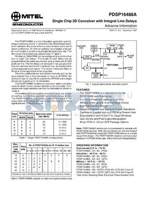 PDSP16488AA0 datasheet - 5.0V; 20MHz; single chip 2D convolver with integral line delays