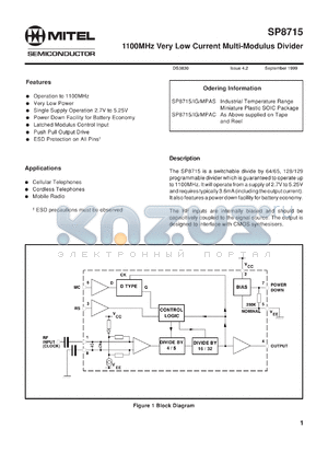 SP8715IG datasheet - 0.5-7.0V; 10mA; 1100MHz very low current multi-modulus divider. For cellular telephone, cordless telephone, mobile radio