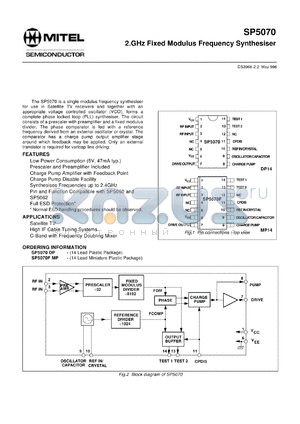 SP5070MP datasheet - 0.5-7.0V; 18mA; 2GHz fixed modulus frquency sythesiser for satellite TV, high IF cable tuning systems, C-Band with frequency doubling mixer