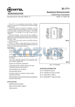 SL1711KG datasheet - 4.75-5.25V; 109mA; quadrature downconverter for satellite receiver systems