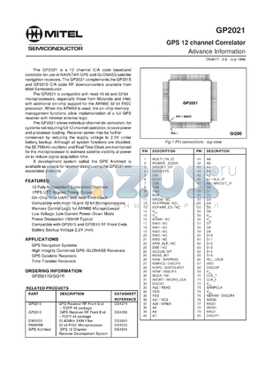 GP2021IG datasheet - 0.3-7.0V; GPS 12channel correlator. For GPS navigation systems