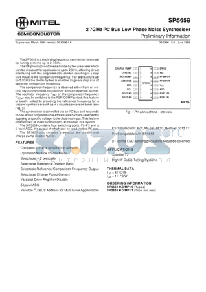 SP5659MP1T datasheet - 4.5-5.5V; 2-7GHz I2C BUS low noise phase noise synthesiser. For complete 2-7GHz single chip system