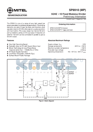 SP8910MP1S datasheet - 6-5V; 5GHz +10fixed modulus divider