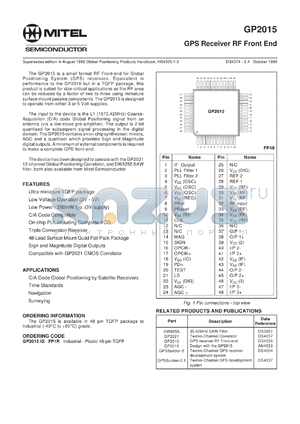 GP2015IGFP1R datasheet - 6-5V; GPS receiver RF front end. For C/A code global positioning by satellite receivers, time standards, navigation, surveying