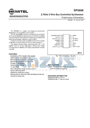 SP5668MP1T datasheet - 2.7GHz 3-wire bus controlled synthesiser. For SAT, TV, VCR and cable tuning systems