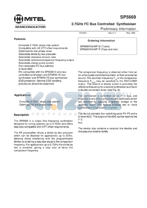 SP5669MP1T datasheet - 4.5-5.5V; 2.7GHz I2B bus controlled synthesiser