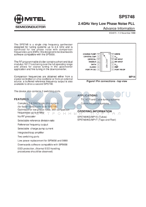 SP5748MP1S datasheet - 4.5-5.5V; 2.4GHz very low phase noise PLL. For TV, VCR and cable tuning systems, communications systems